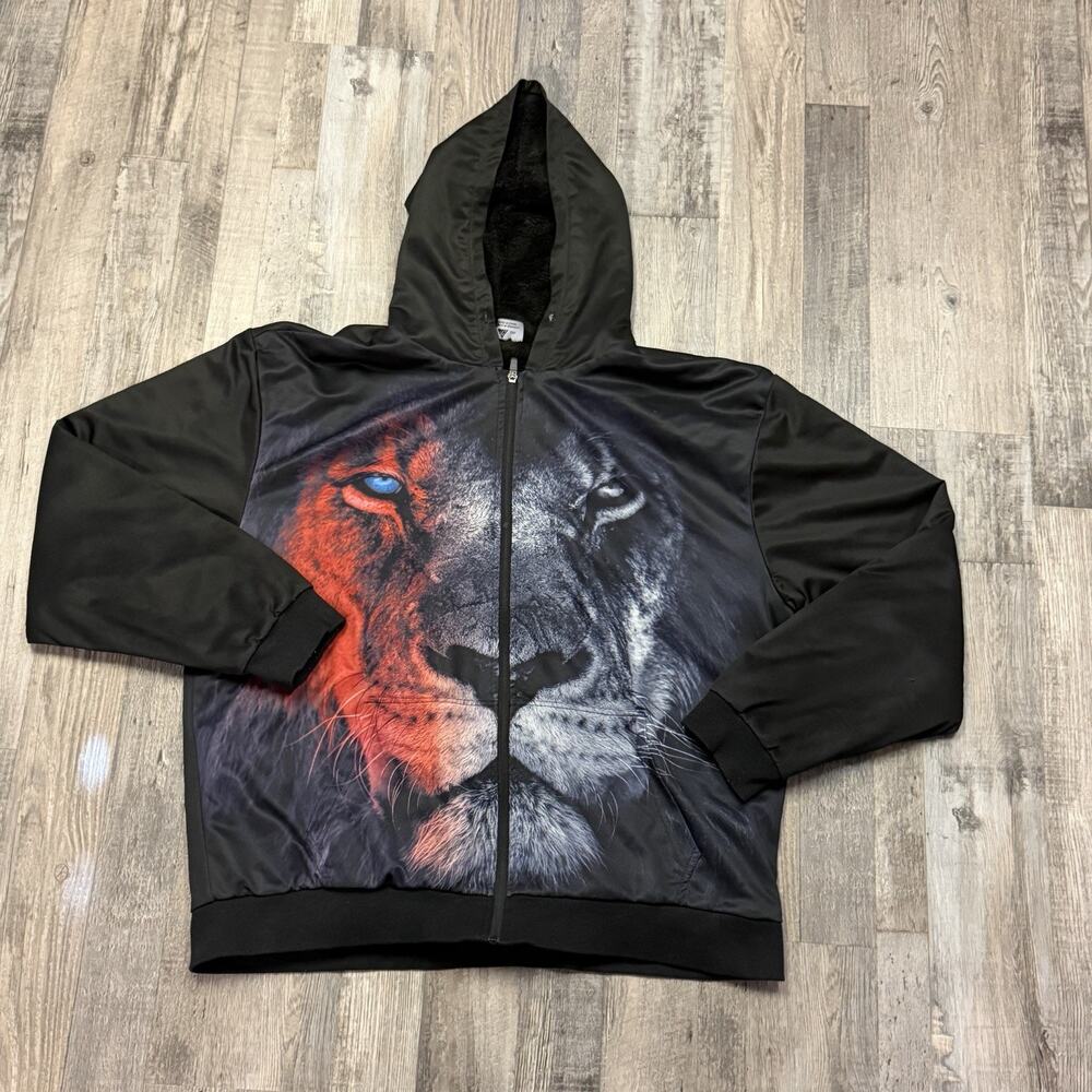 Men’s Hoodie Lion Design Hooded Full Zip Front Jacket Size 2XL Soft Fur Lined